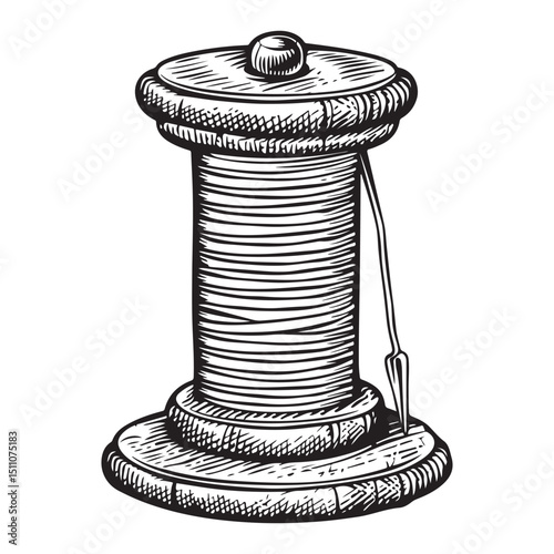 Vintage Sewing Thread and Needle Illustration Retro Craft Supplies in Black and White, Illustration Of A Spool Of Thread