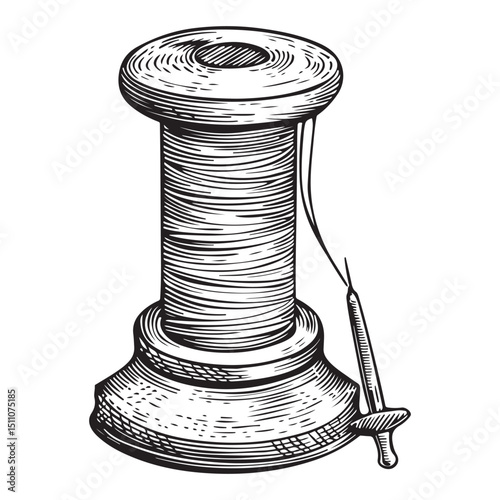 Vintage Sewing Thread and Needle Illustration Retro Craft Supplies in Black and White, Illustration Of A Spool Of Thread
