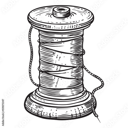 Vintage Sewing Thread and Needle Illustration Retro Craft Supplies in Black and White, Illustration Of A Spool Of Thread
