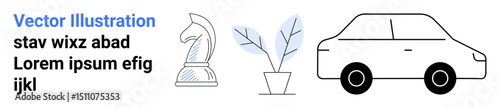 Chess knight symbolizing strategy, potted plant suggesting growth, and minimalist car design reflecting mobility. Ideal for strategy, transportation, growth, simplicity, minimalism, productivity