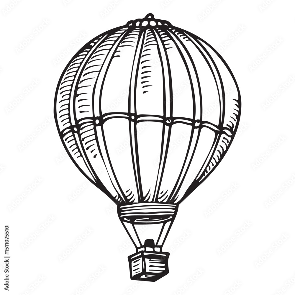Naklejka premium Hot Air Balloon Adventure Vector Silhouette, Hand Drawn Hot Air Balloon with Passengers in Basket Silhouette