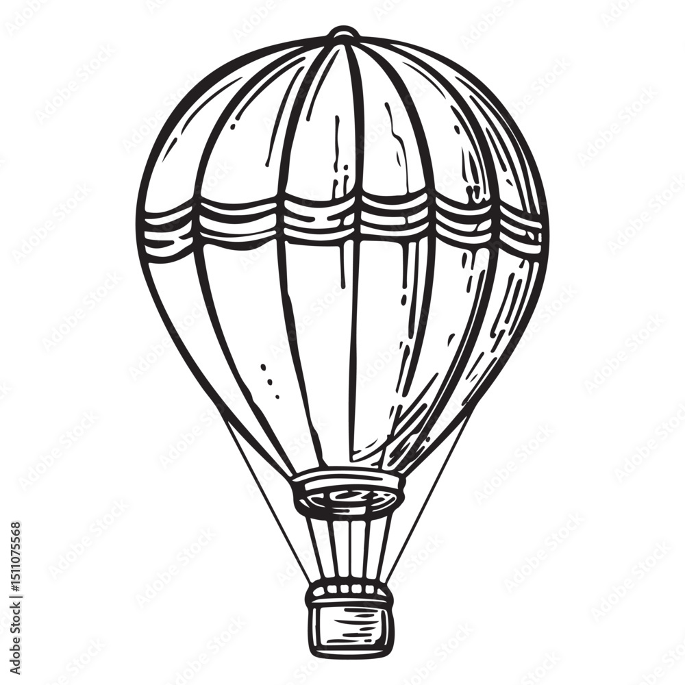 Naklejka premium Hot Air Balloon Adventure Vector Silhouette, Hand Drawn Hot Air Balloon with Passengers in Basket Silhouette