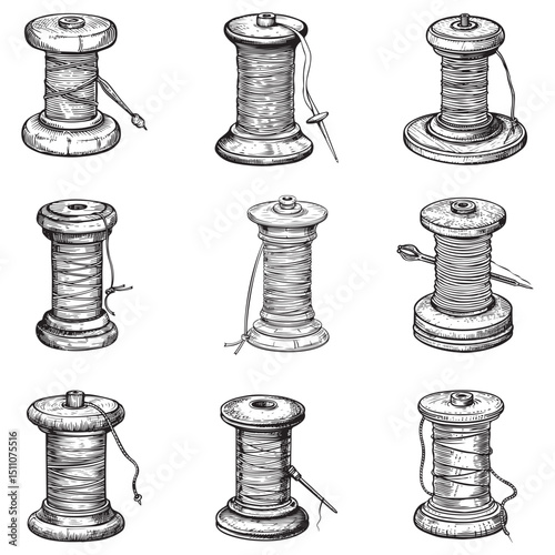 Vintage Sewing Thread and Needle Illustration Retro Craft Supplies in Black and White, Illustration Of A Spool Of Thread