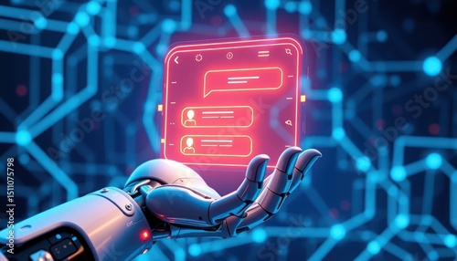 Futuristic robot communicates through a glowing neon chat interface screen