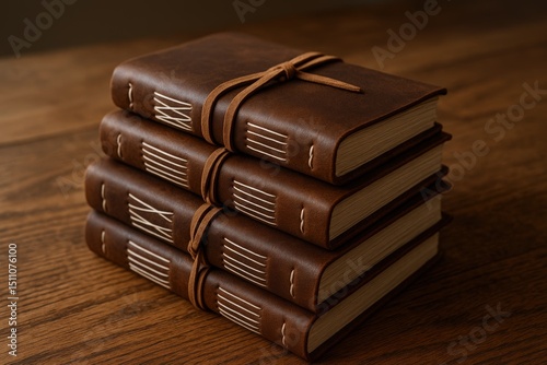 Artisanal leather journals: elegant stack display for craft and design inspiration