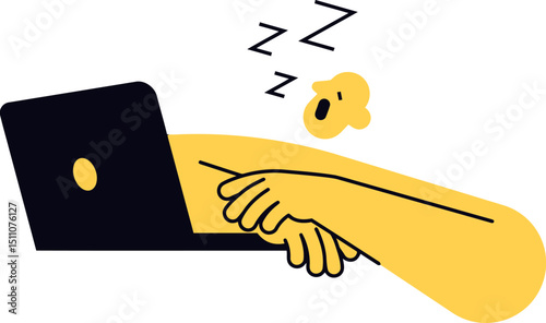 Sleeping with laptop tired work sleep nap computer fatigue burnout exhausted resting zzz hand yellow black vector art illustration
