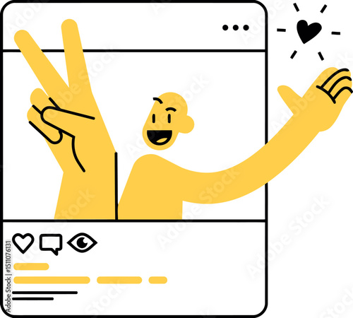 Yellow character celebration victory success happy joy fun cheerful party hands confetti positivity vector art illustration