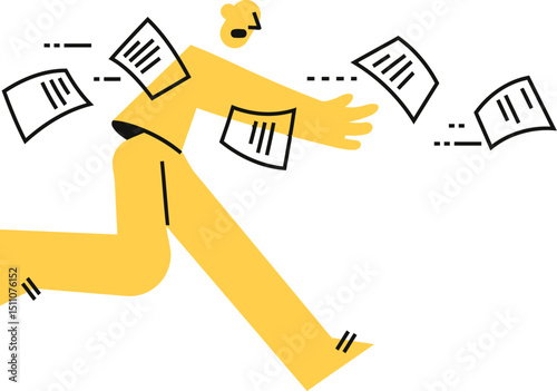 Yellow character running away from documents papers files stress anxiety deadline work business office job 100 vector art illustration