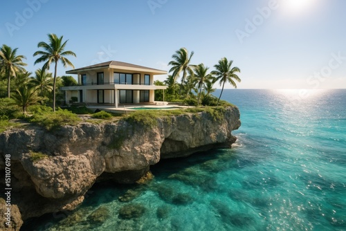 Luxurious cliffside beachfront villa with ocean view at sunset