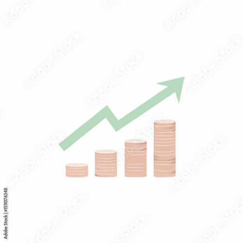 Stacks of coins increasing with an upward trending arrow on white background
