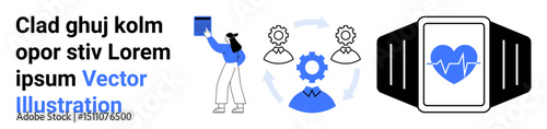 Woman holding clipboard beside teamwork icons, smartwatch with heart monitor highlighting technology and connectivity. Ideal for health tech, collaboration, innovation, process, fitness tracking