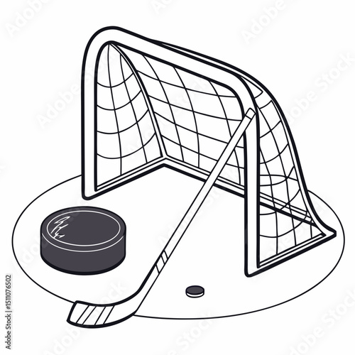 Illustration of a hockey net with a puck and stick on a white surface
