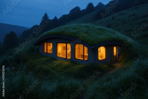 Sustainable hillside eco home at dusk with green roof and warm lighting for modern living