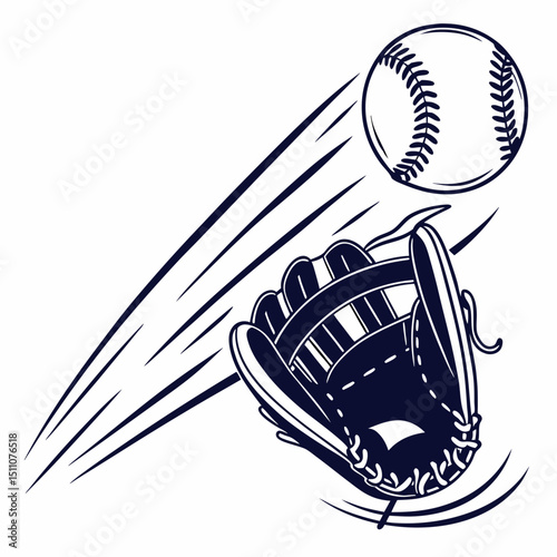 Baseball hurtling toward glove with motion lines on a white background