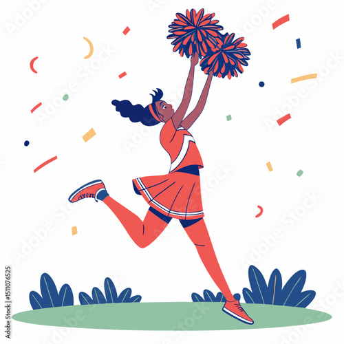 Cheerleader in uniform jumping with pom poms in a celebratory setting