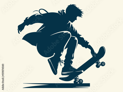 Urban Skateboarder, Skater Jumping with City Skyline Silhouette Illustration