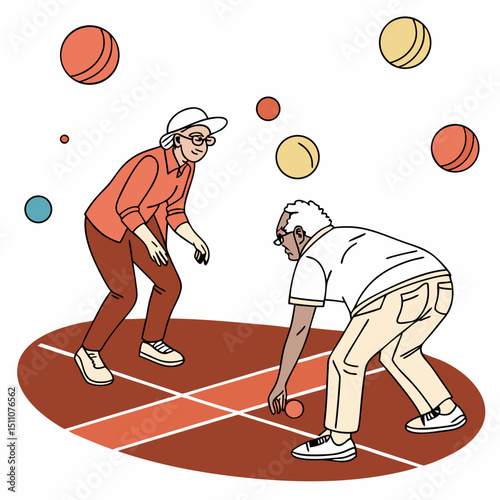 Two elderly people playing bocce ball on a marked court with floating balls