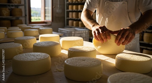 Cheesemaker's Hands Caring for Freshly Matured Cheese Wheels in a Traditional Alpine Dairy Production Room.