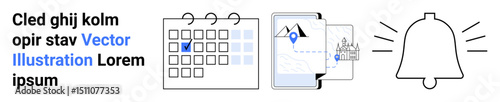Calendar with marked date, map location icon, image gallery, and bell indicating alert. Ideal for scheduling, reminders, planning, events, productivity tracking calendar apps simple landing page