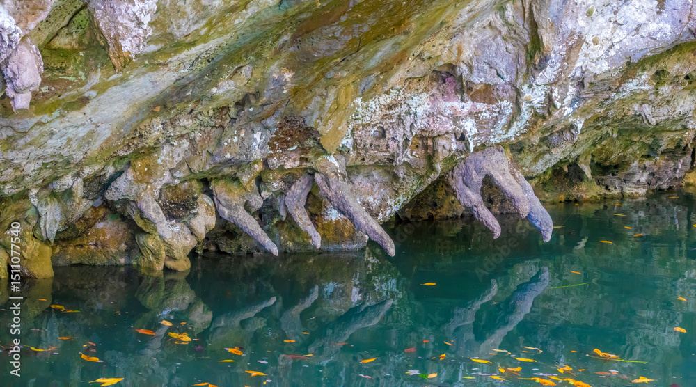 Fototapeta premium Stalagtites almost touching the water during high tide in the famous bat cave (Gua Kelawar), (Langkawi, Kedah, Malaysia