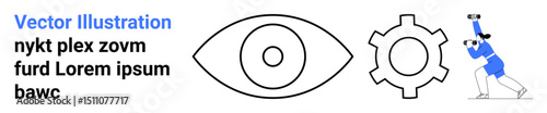Eye, gear, figure with binoculars representing vision, technology, and discovery. Ideal for creativity, innovation, exploration, business strategy teamwork research simple landing page