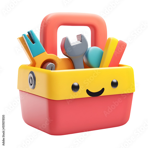 stylized toolbox emoji with smiling tools inside, bold color blocks and rounded finish, white background, --raw