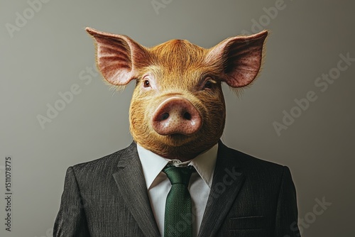 A stout portly gentleman resembling a pig in a surprisingly formal business attire office portrait stock image