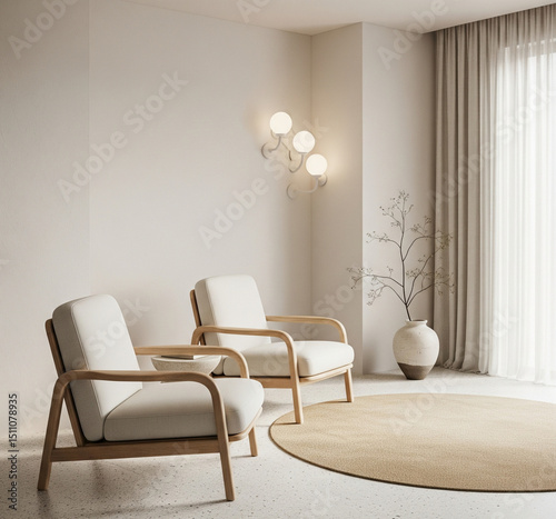 Zen environment with low armchairs in neutral tones and soft curves, off-white walls, light microcement floor and diffuse lighting. Two low armchairs with an organic design, with a light oak structure