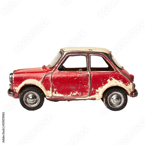 tiny vintage matchbox car with chipped red paint and silver hubcaps, 1970s style, photorealistic finish, white background, --raw