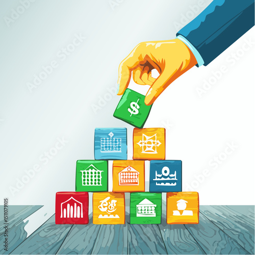 A vector of a hand stacking wooden blocks with tax and finance icons into a pyramid on a neutral background.