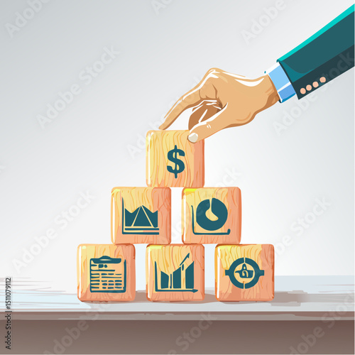 A vector of a hand stacking wooden blocks with tax and finance icons into a pyramid on a neutral background.