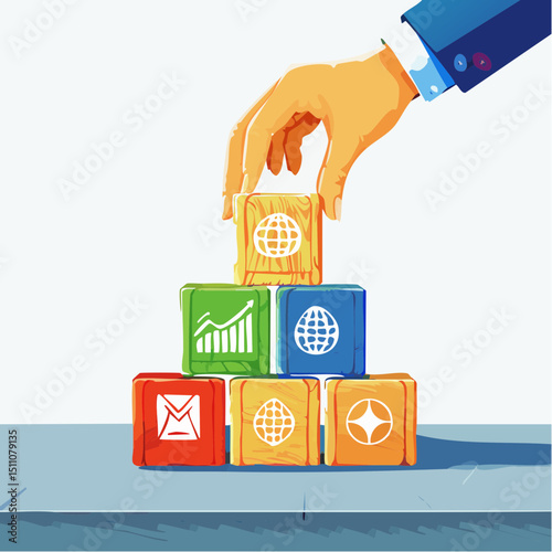 A vector of a hand stacking wooden blocks with tax and finance icons into a pyramid on a neutral background.