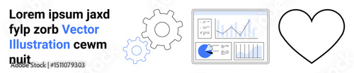 Two gears, an analytics dashboard graphing data points, and a heart outline. Ideal for technology, teamwork, innovation, efficiency, marketing, data visualization or a simple landing page