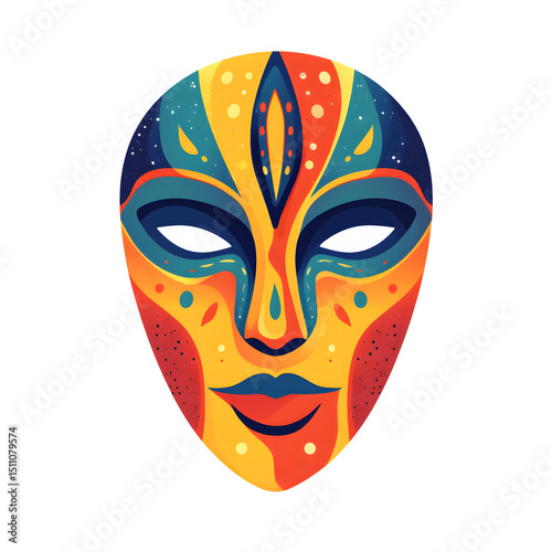 Brightly colored stylized festival mask, unique shape and cultural fusion design