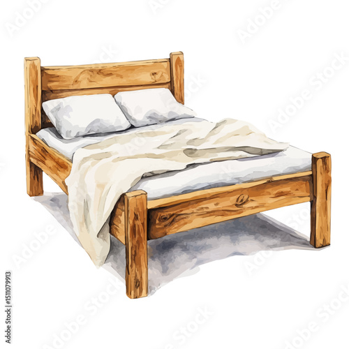 Wooden Bed Frame, watercolor clipart vector, high quality, isolated on a white background.