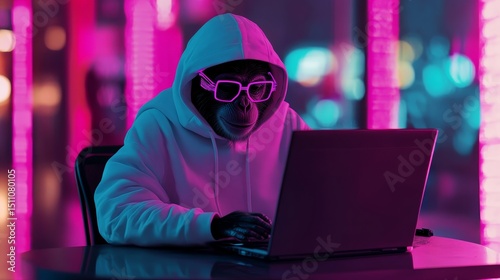 A monkey in glasses is depicted working on a laptop