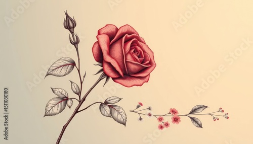 Elegant botanical illustration of a rose with delicate blossoms and leaves
