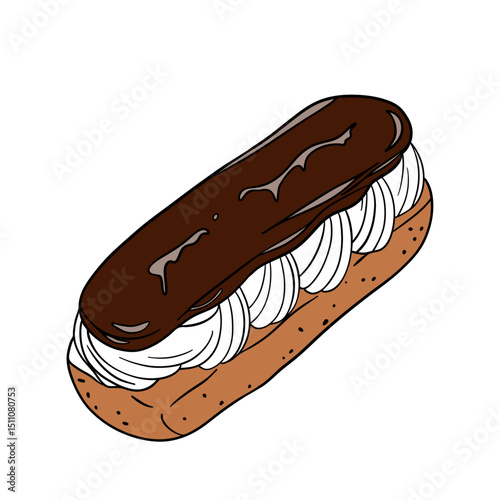 Delicious eclair pastry dessert with glaze and icing. Sweet treat éclair with whipped cream, super yummy and sweets. Bakery shop culinary outline art