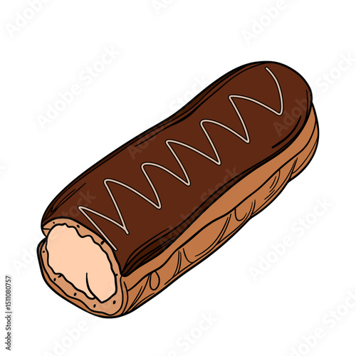 Delicious eclair pastry dessert with glaze and icing. Sweet treat éclair with whipped cream, super yummy and sweets. Bakery shop culinary outline art