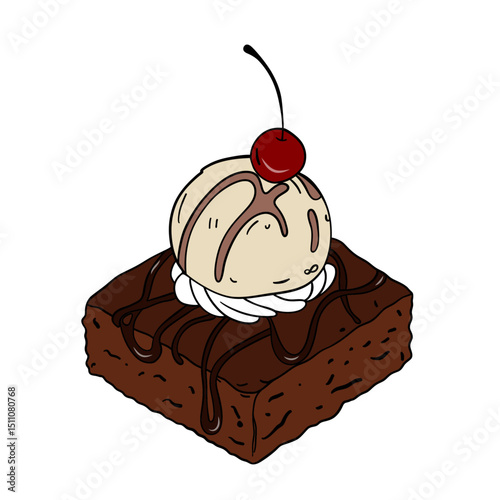 Delicious brownie dessert pastry with berrie and whipped cream and ice cream. Sweet treat goods bakery culinary and super tasty. Baked snack outline art
