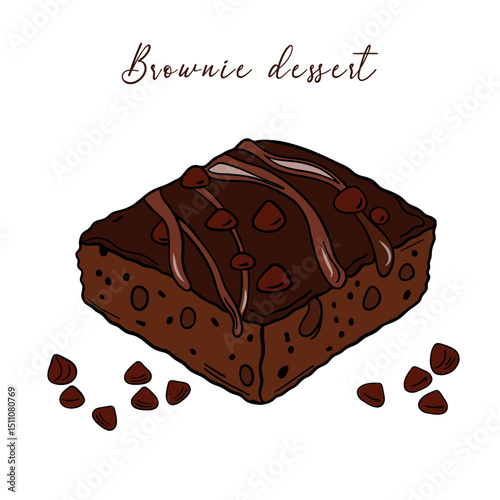 Delicious brownie dessert pastry with chocolate topping and pieces of chocolate. Sweet treat goods bakery culinary and super tasty. Baked snack outline art