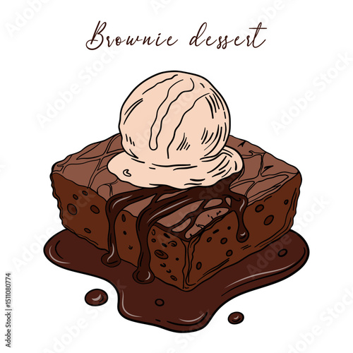 Delicious brownie dessert pastry with whipped cream and ice cream. Sweet treat goods bakery culinary and super tasty. Baked snack outline art