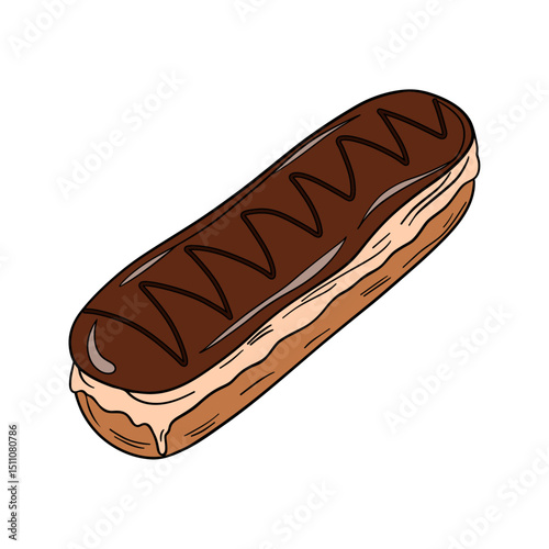 Delicious eclair pastry dessert with glaze and icing. Sweet treat éclair with whipped cream, super yummy and sweets. Bakery shop culinary outline art