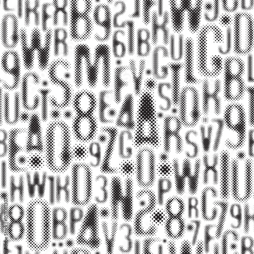 Seamless pattern with a font consisting of dots. On the theme of matrix printing, computer games, digital technology, pixels. Illegible, unreadable letters and numbers of the alphabet. No AI is used