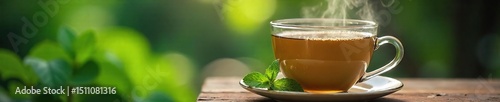 A steaming cup of peppermint mint tea, fresh mint sprigs, and a cozy atmosphere  Perfect for relaxation and wellness  Enjoy the soothing aroma and invigorating flavor ,  teacup,  cozy,  caffeine-free