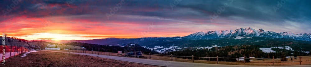 Tatras mounains at sunrise seen from Lapszanka village in Poland