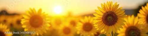 Close-up of a bright yellow sun shining over a field of sunflowers, conveying a feeling of pure, unadulterated joy and happiness , sunshine, sunflowers, warmth