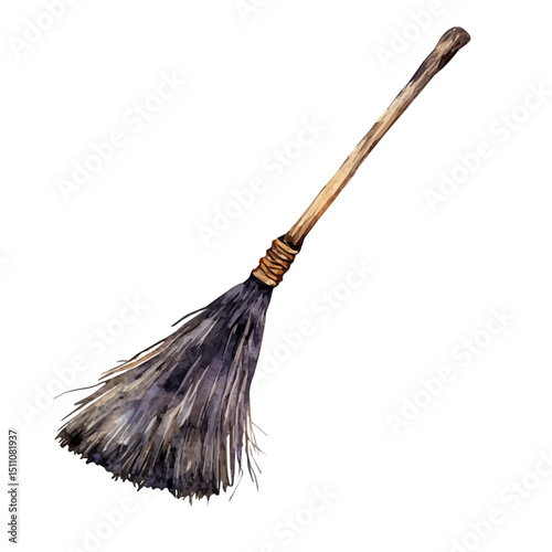Witch Broomstick, watercolor painting vector, high quality, isolated on a white background.