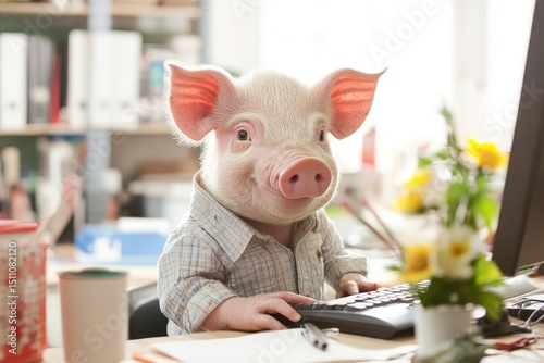In an industrial setting, a pig wearing a shirt diligently works on a computer at a cluttered office desk
