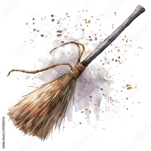 Witch Broomstick, watercolor painting vector, high quality, isolated on a white background.